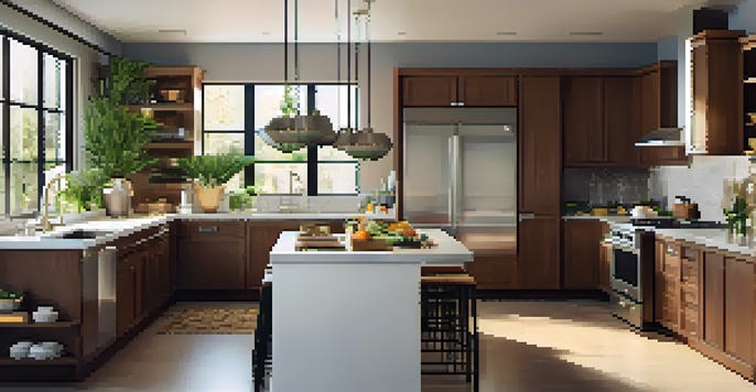 A spacious U-shaped kitchen with wooden cabinets and a central island, illuminated by natural light, featuring breakfast items on the counter.