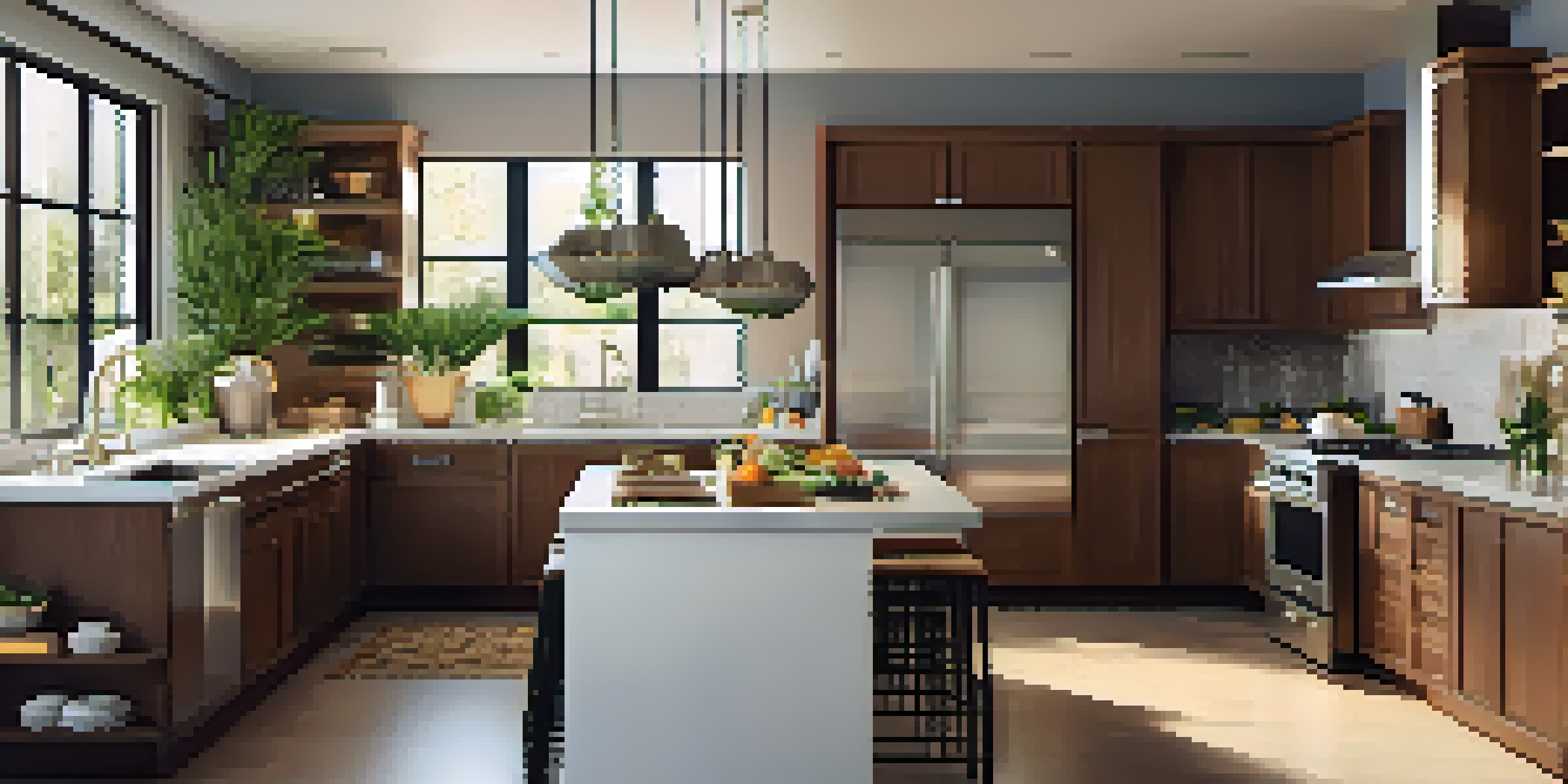 A spacious U-shaped kitchen with wooden cabinets and a central island, illuminated by natural light, featuring breakfast items on the counter.