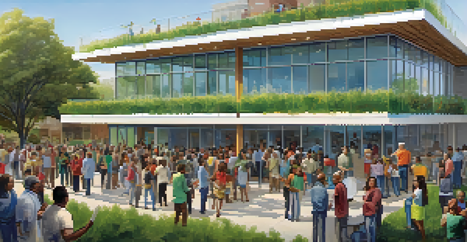 A community gathering in front of a sustainable building, with diverse individuals celebrating and discussing the project.