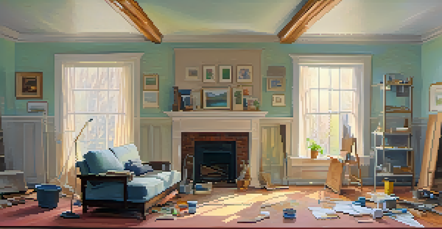 A living room in the midst of renovation, showing a contractor measuring the walls with furniture moved aside and tools scattered around.