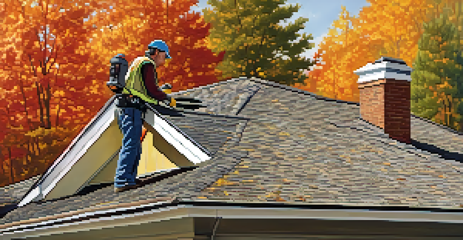 A professional roofer examining shingles on a house with vibrant autumn trees in the background on a sunny day.