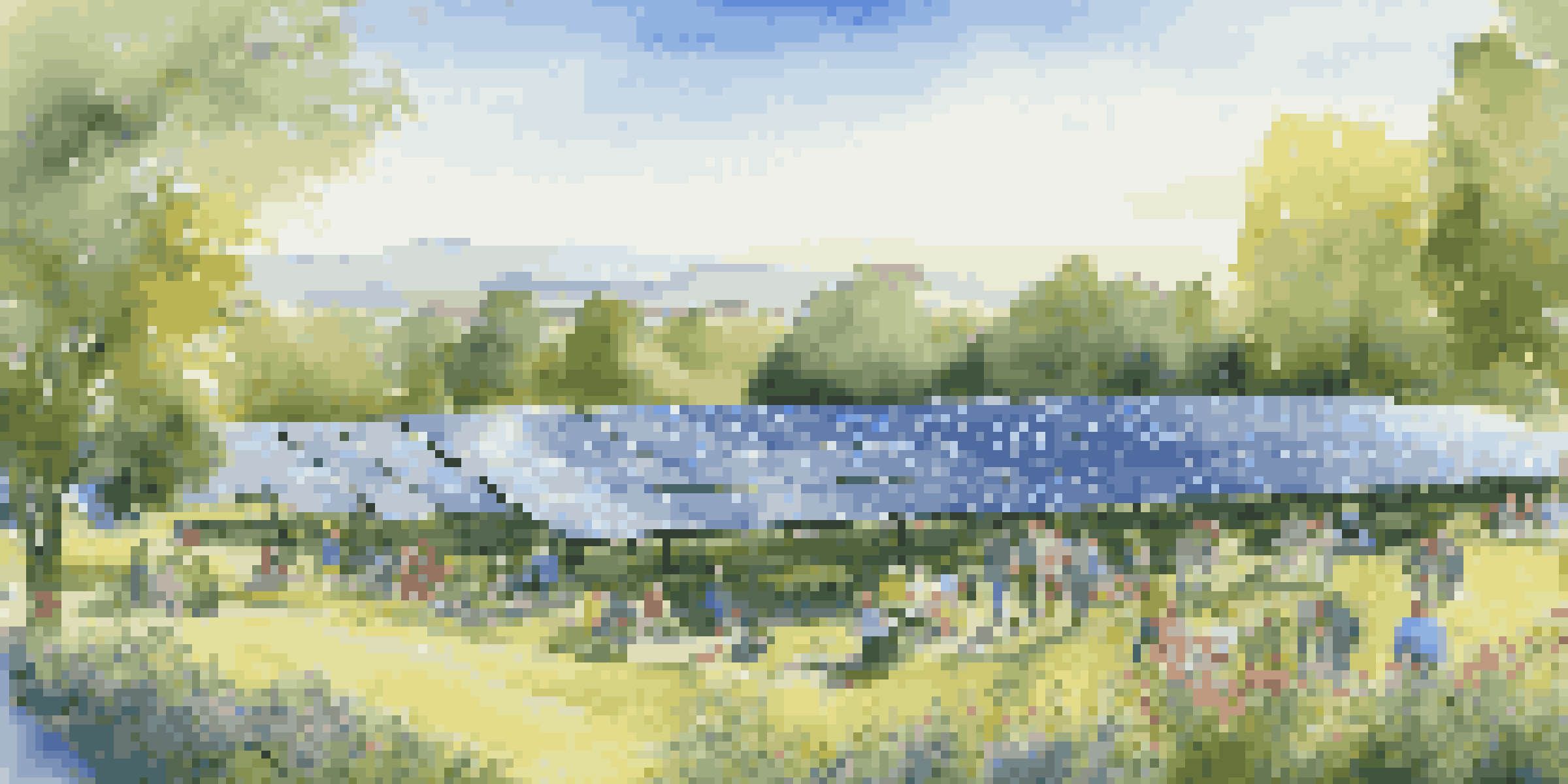 A community solar farm with solar panels and homeowners discussing sustainability in a bright and green environment.