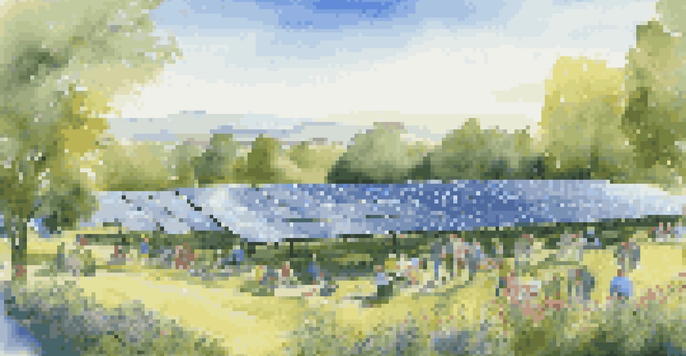 A community solar farm with solar panels and homeowners discussing sustainability in a bright and green environment.