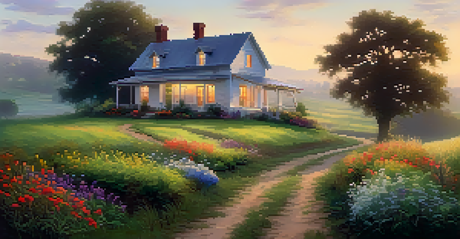 A peaceful rural setting with a farmhouse, green fields, and a misty sunrise.
