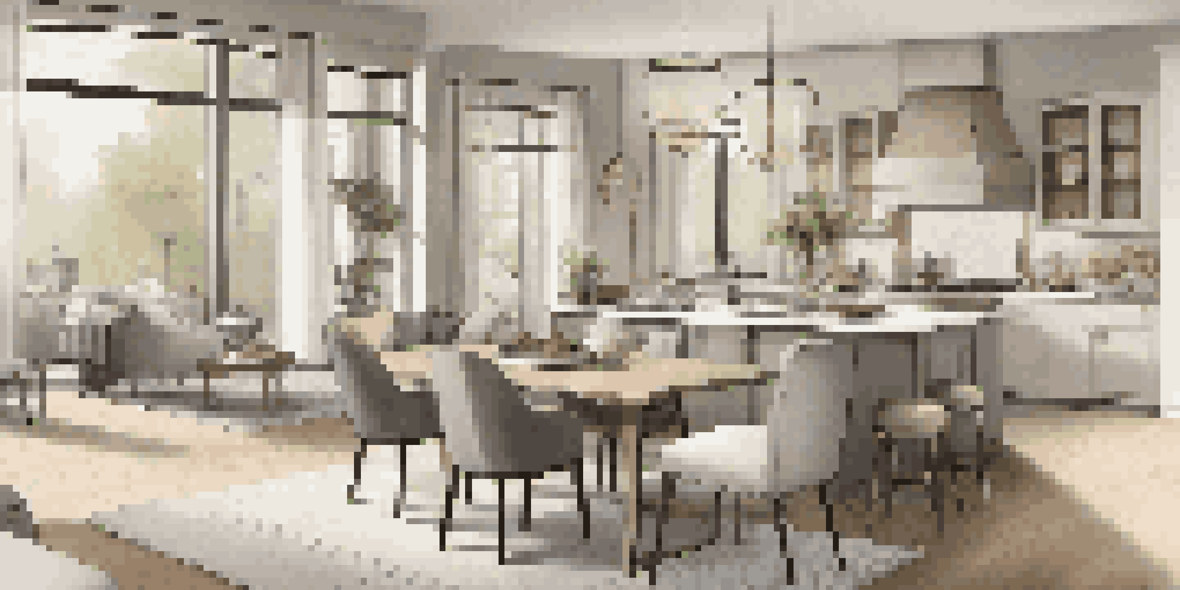 A bright, open-concept living area with a kitchen, dining space, and living room, featuring modern furniture and warm neutral colors.