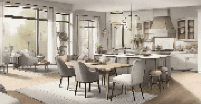 A bright, open-concept living area with a kitchen, dining space, and living room, featuring modern furniture and warm neutral colors.