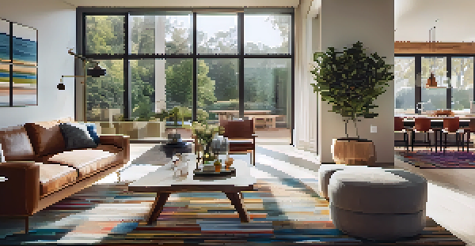 An open concept living space with a bright and airy ambiance, connecting the kitchen, dining, and living areas seamlessly, featuring modern decor.