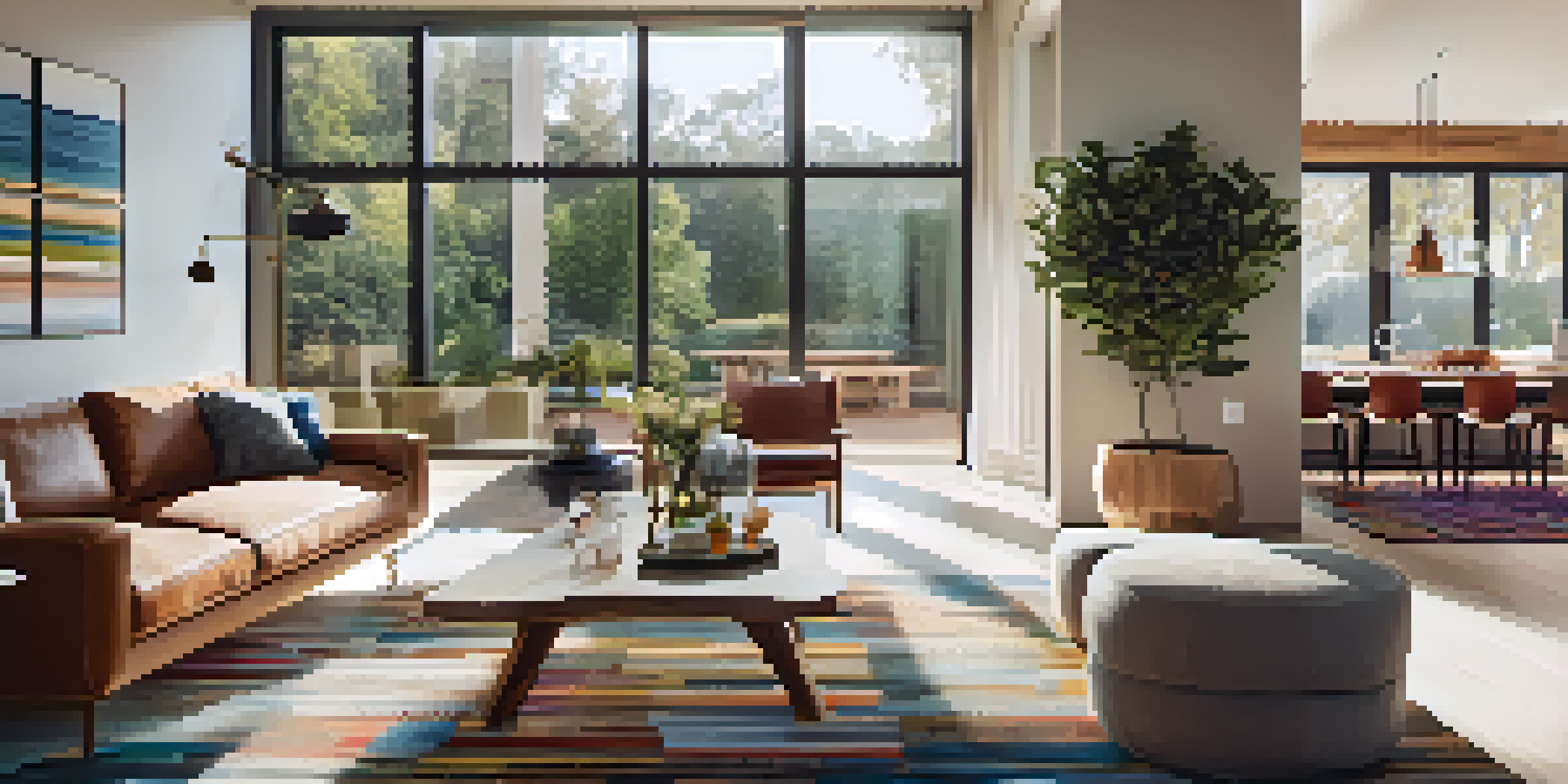 An open concept living space with a bright and airy ambiance, connecting the kitchen, dining, and living areas seamlessly, featuring modern decor.