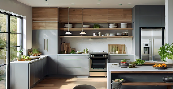 A bright modern kitchen with energy-efficient appliances such as a refrigerator, dishwasher, and cooktop, featuring natural light and fresh ingredients on the countertop.