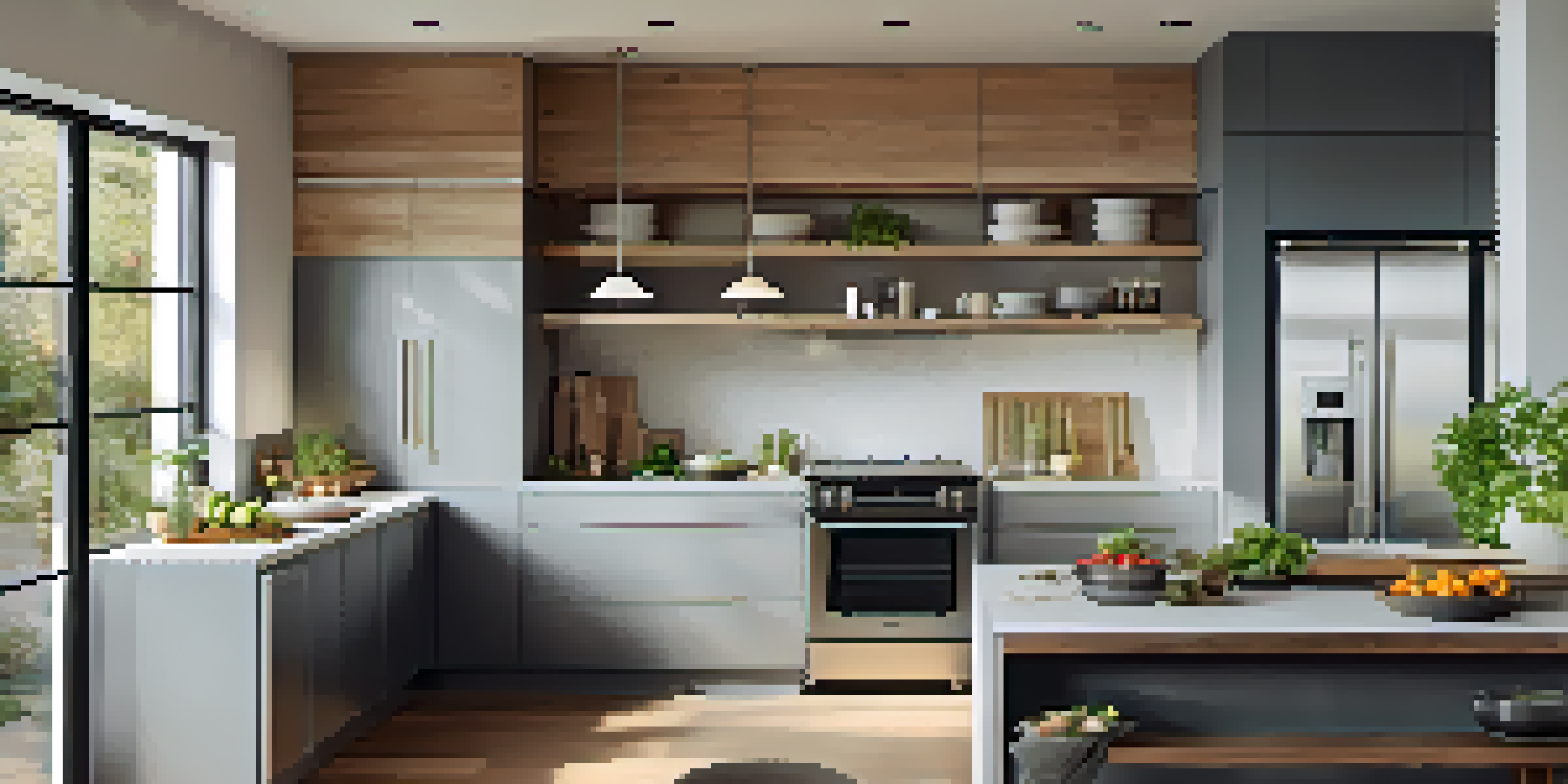 A bright modern kitchen with energy-efficient appliances such as a refrigerator, dishwasher, and cooktop, featuring natural light and fresh ingredients on the countertop.