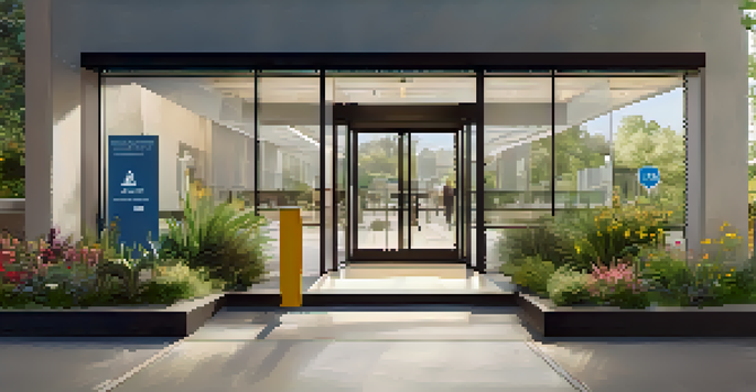 An accessible entrance with a ramp, automatic door, and clear signage, surrounded by colorful plants, designed for individuals with mobility challenges.