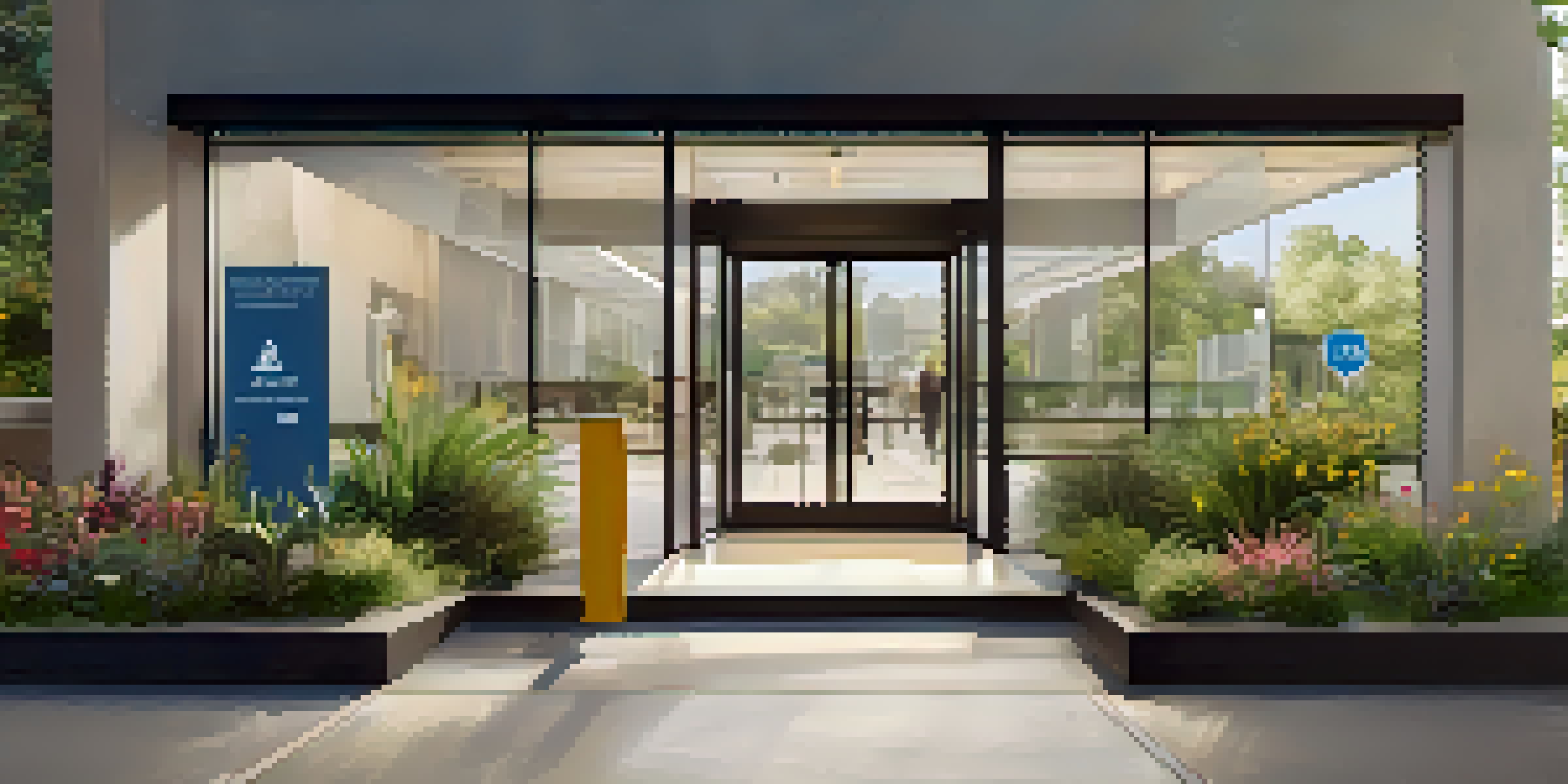 An accessible entrance with a ramp, automatic door, and clear signage, surrounded by colorful plants, designed for individuals with mobility challenges.