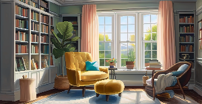 A cozy living room with a reading nook by a bay window, sunlight streaming in, and colorful books on a shelf.