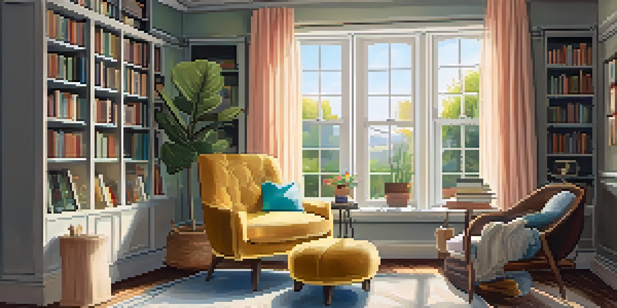 A cozy living room with a reading nook by a bay window, sunlight streaming in, and colorful books on a shelf.