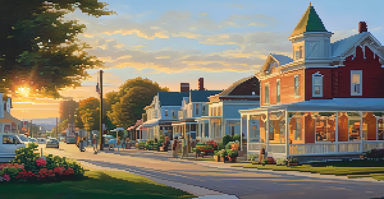 A charming Midwest town at sunset, featuring homes with gardens and a farmer's market in the town square.