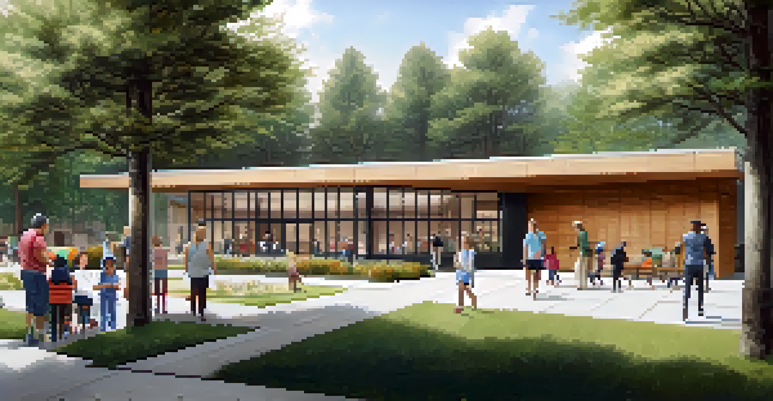 A community center with people entering and engaging in activities, surrounded by greenery.