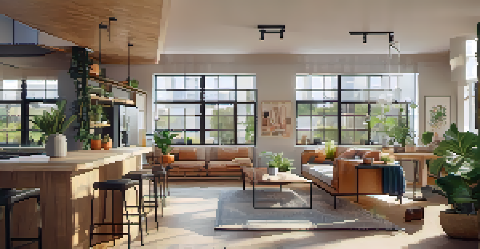 A modern co-living space interior featuring a communal kitchen and living area with bright decor.