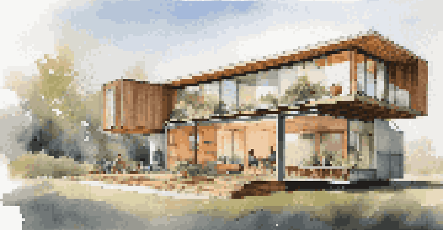 A sleek, modular home made of wood and modern materials, set in an urban environment with people around.