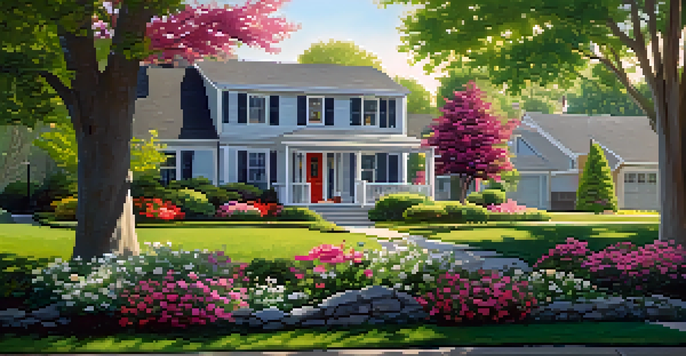 A peaceful neighborhood with a beautiful house and colorful garden under morning sunlight.
