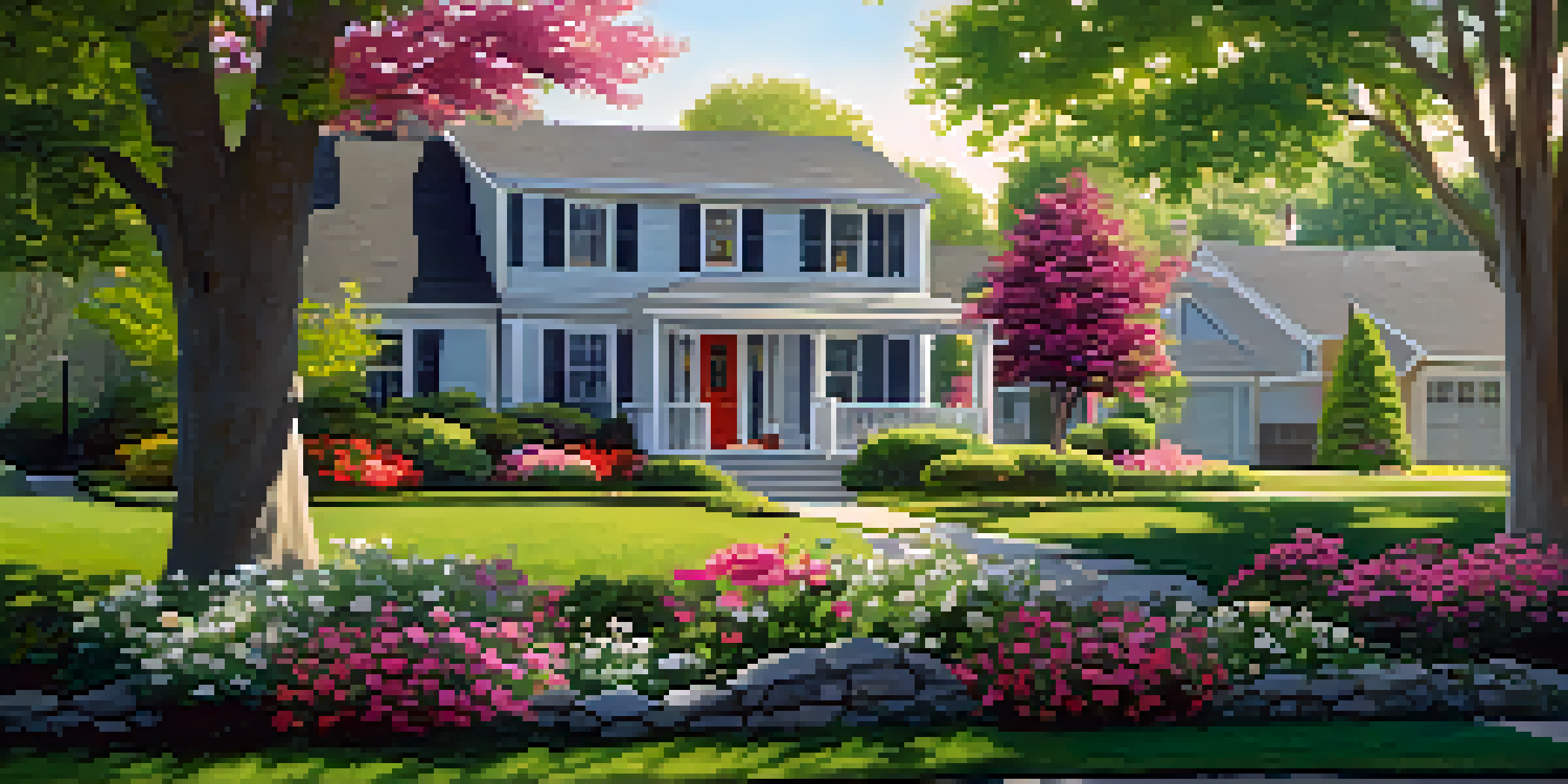 A peaceful neighborhood with a beautiful house and colorful garden under morning sunlight.
