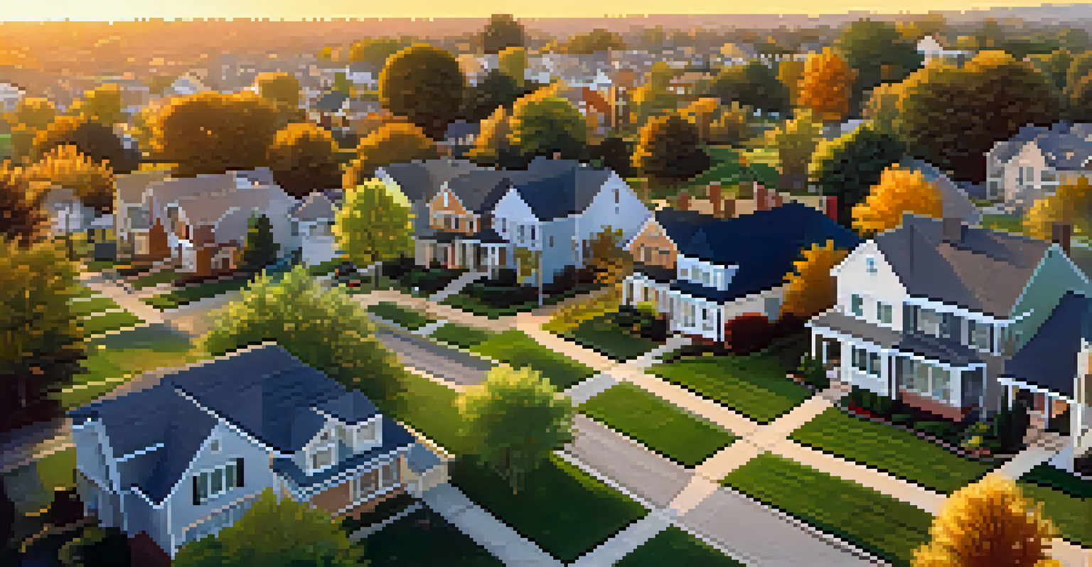 An aerial view of a suburban neighborhood at sunset, showcasing houses, lawns, and children playing.