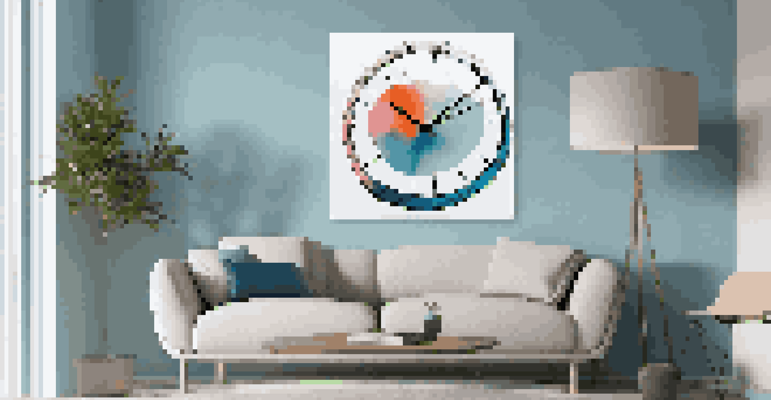 An abstract wall clock in vibrant colors mounted on a blue wall, with a cozy armchair and side table nearby.