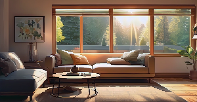 A cozy living room with warm lighting that simulates a sunrise, showcasing a comfortable sofa and soft curtains.