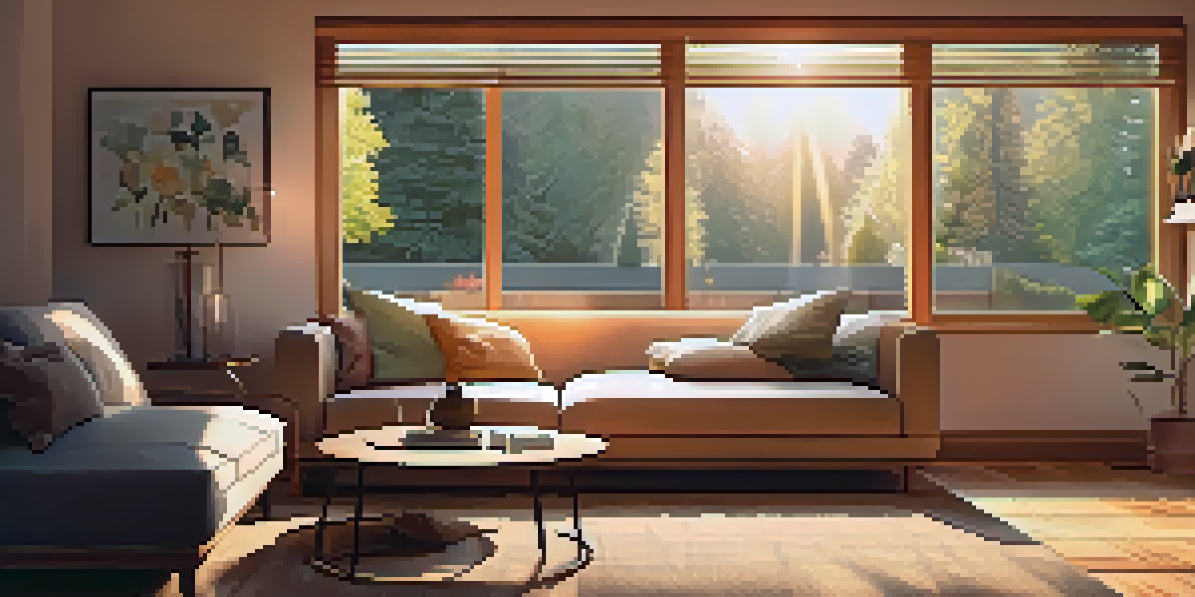 A cozy living room with warm lighting that simulates a sunrise, showcasing a comfortable sofa and soft curtains.