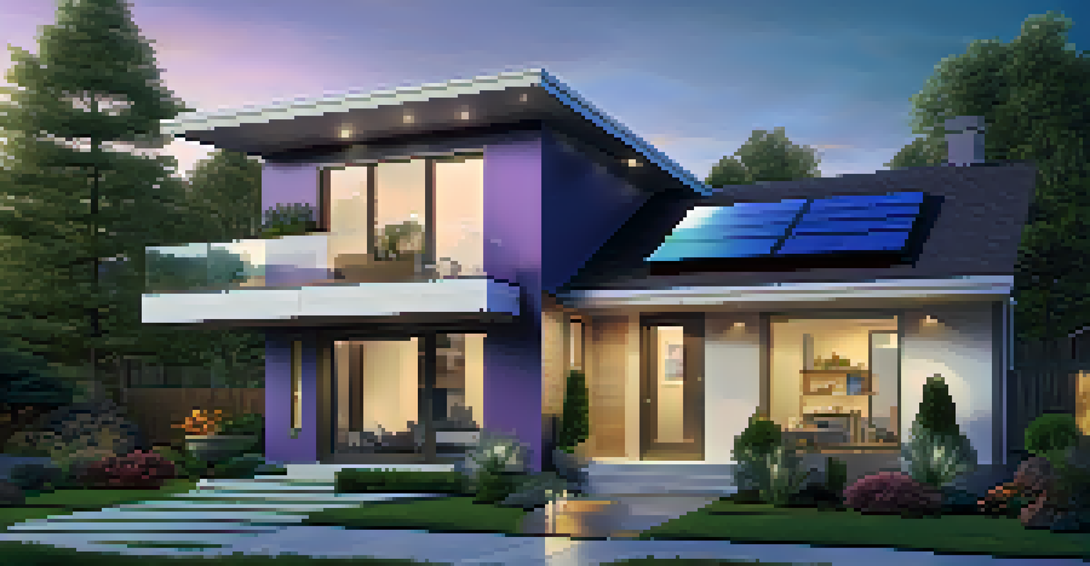 A modern smart home illuminated at dusk, featuring solar panels and landscaped gardens.