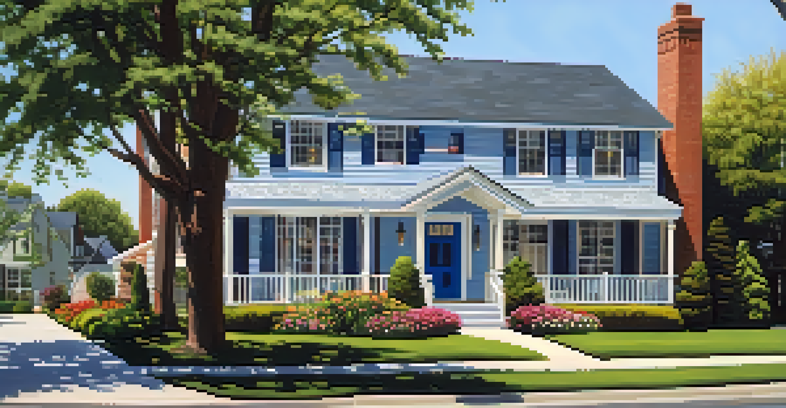A suburban home with a 'For Sale' sign, surrounded by colorful flowers and a clear blue sky.