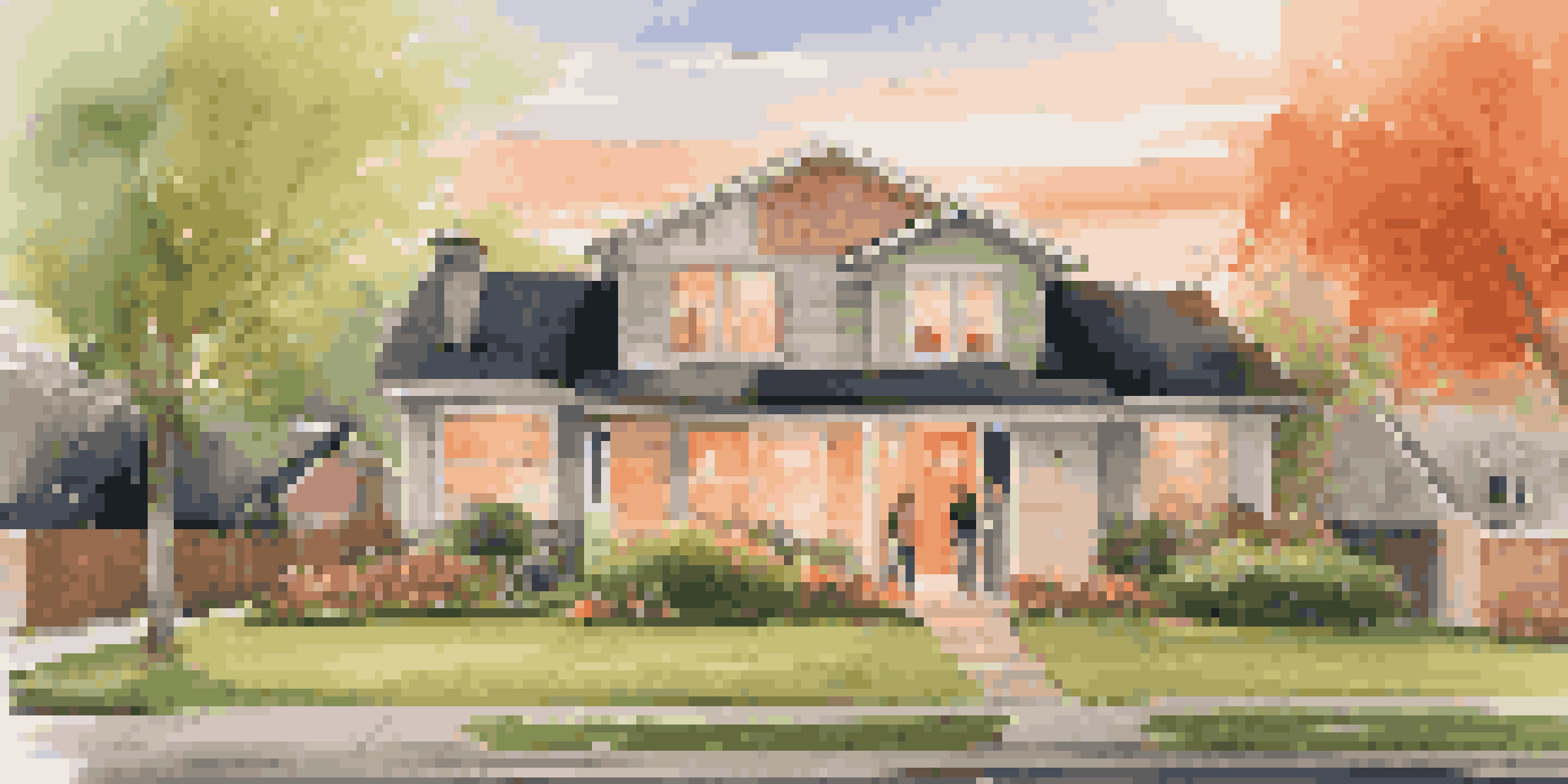 A diverse group of first-time homebuyers happily standing in front of a cozy house during sunset, with warm colors in the sky and vibrant greenery around.