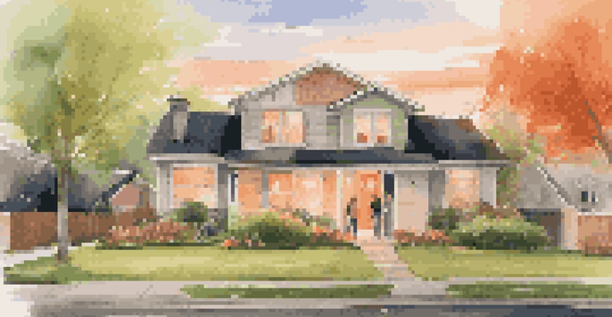 A diverse group of first-time homebuyers happily standing in front of a cozy house during sunset, with warm colors in the sky and vibrant greenery around.