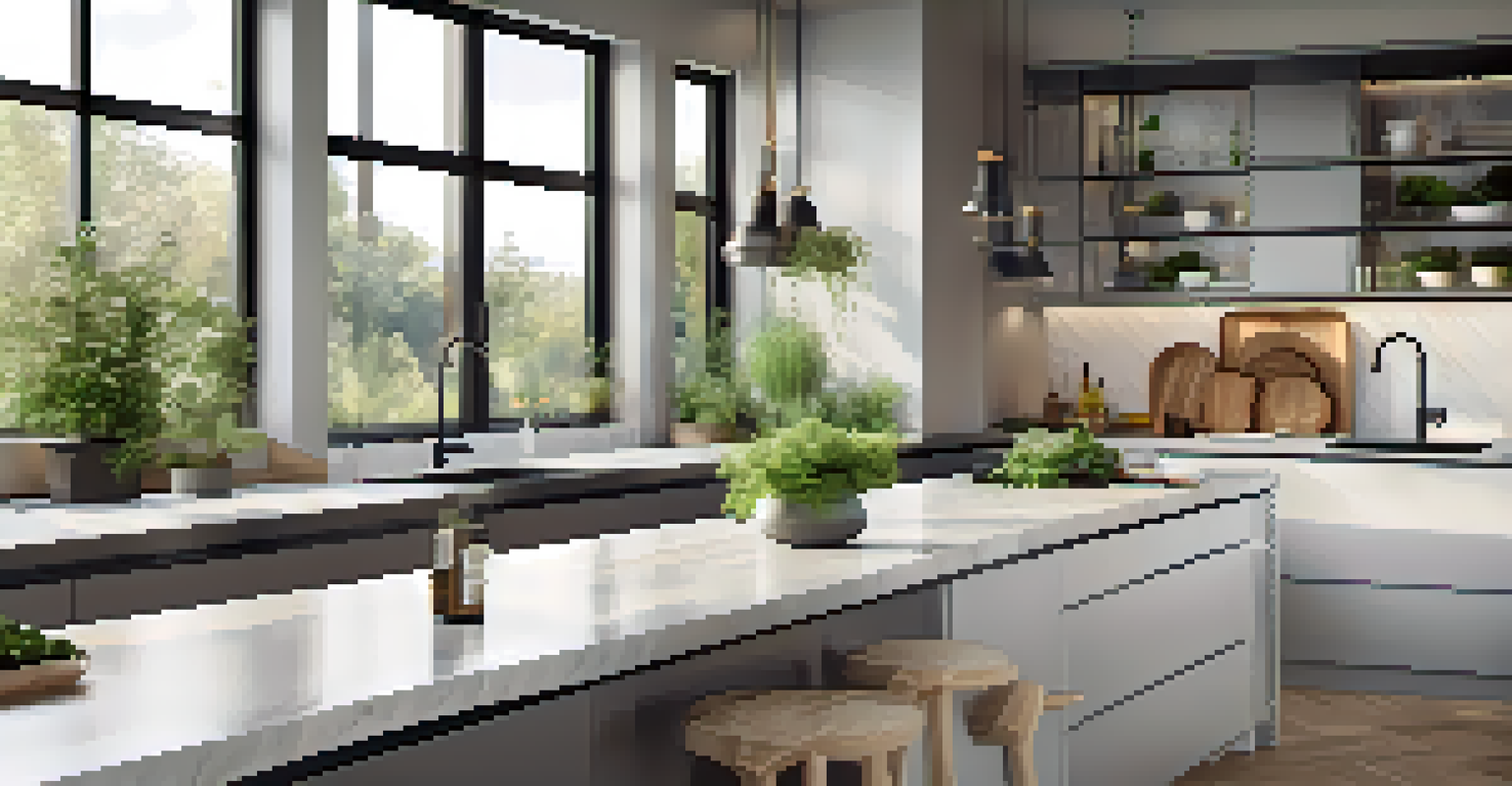 A modern kitchen with smart appliances, bright natural light, and elegant decor, showcasing a blend of functionality and style.