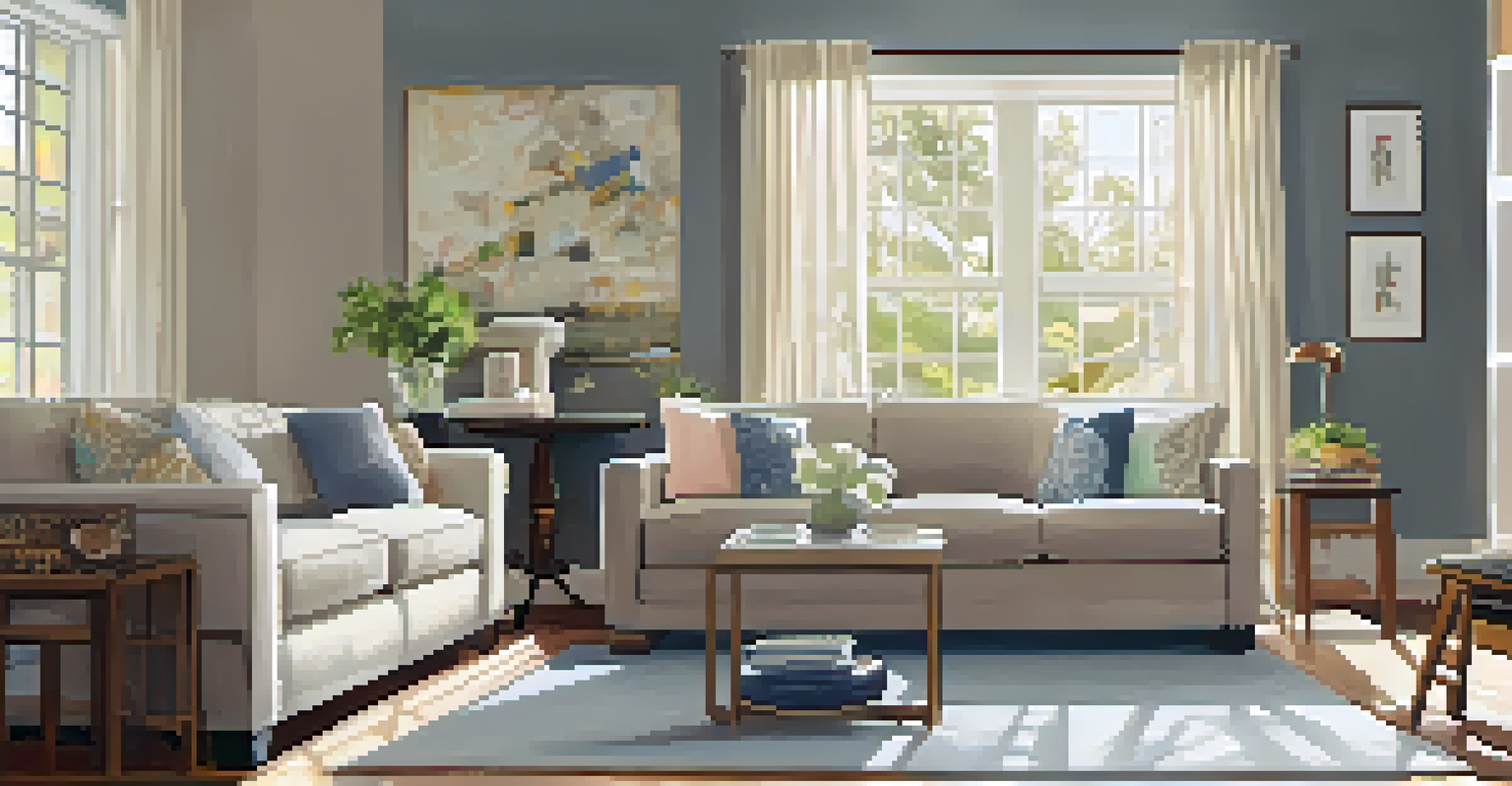 A cozy living room with soft-colored walls, new hardware, and sunlight streaming in, showcasing a DIY transformation.
