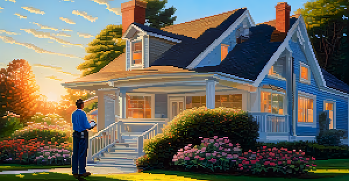 A home inspector examining the roof of a house with a flashlight during sunset, surrounded by a beautiful garden.