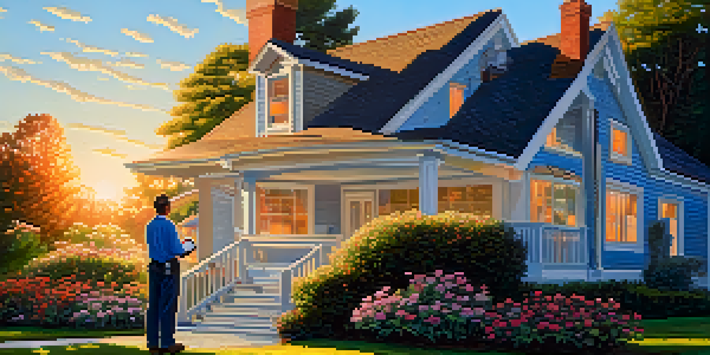 A home inspector examining the roof of a house with a flashlight during sunset, surrounded by a beautiful garden.