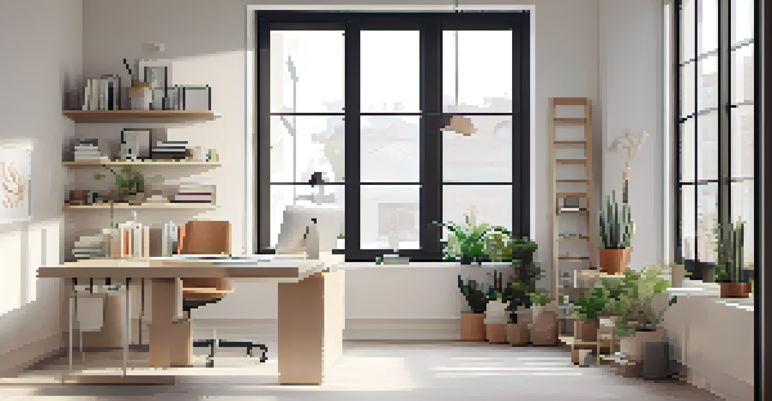 A minimalist workspace with a foldable desk, laptop, succulent plant, and natural light from a large window.