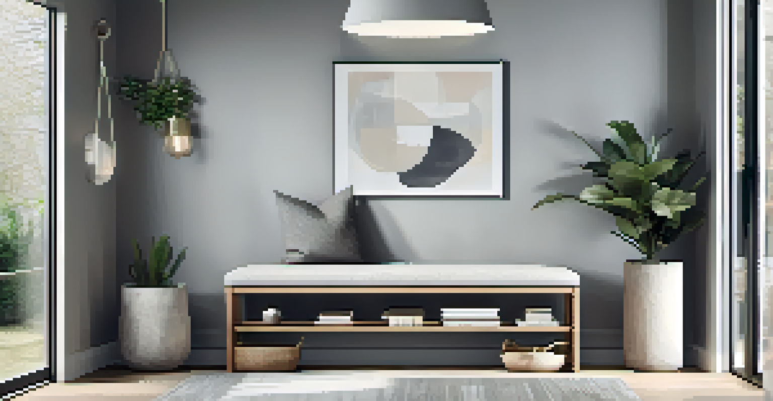 A contemporary entryway with a minimalist bench, grey and white colors, and vibrant artwork.