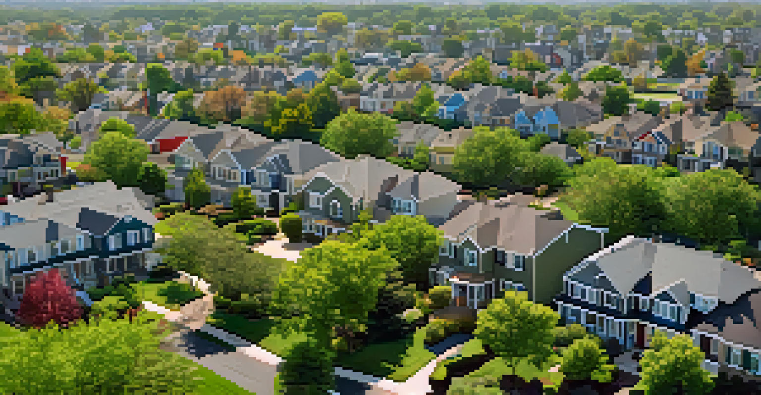 An aerial view of diverse residential neighborhoods with colorful homes, trees, and a city skyline in the background.
