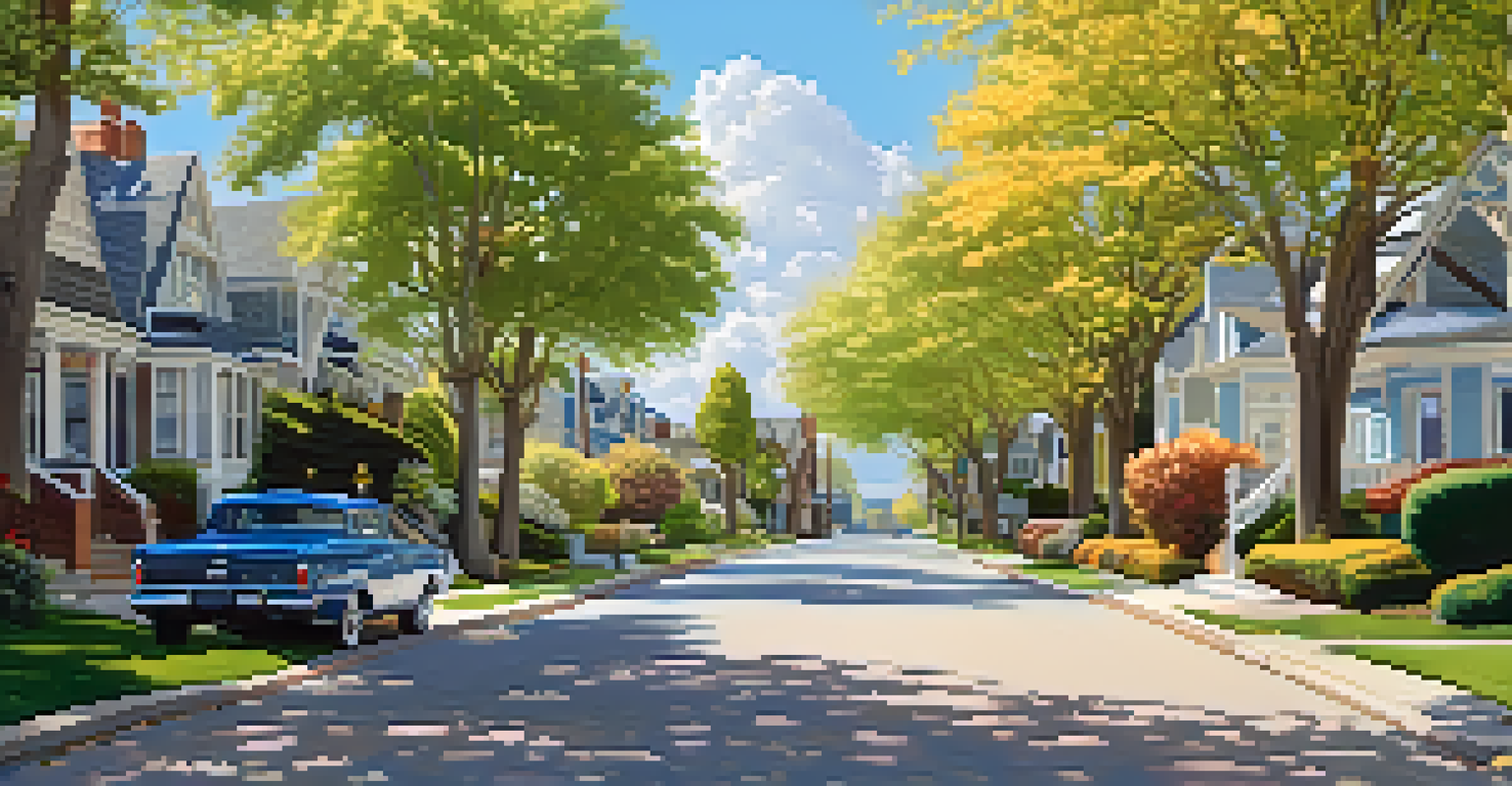 A peaceful suburban street with diverse houses, flowering trees, and a clear blue sky.