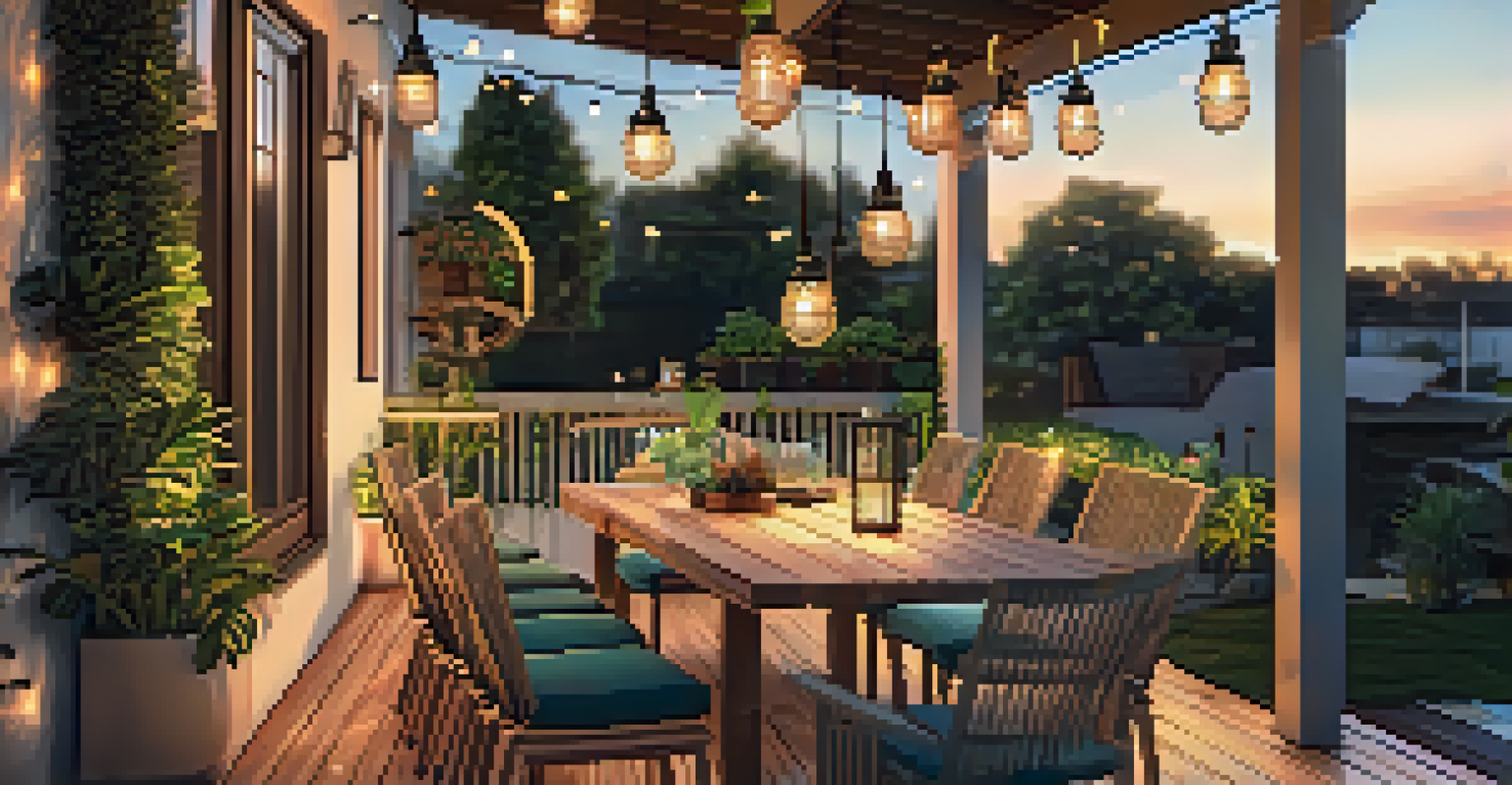 An outdoor patio featuring a dining table with colorful cushions and string lights, illuminated by the warm glow of the setting sun amidst lush greenery.