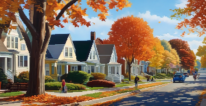 A peaceful neighborhood with diverse houses surrounded by autumn trees, children playing in a park under a clear blue sky.