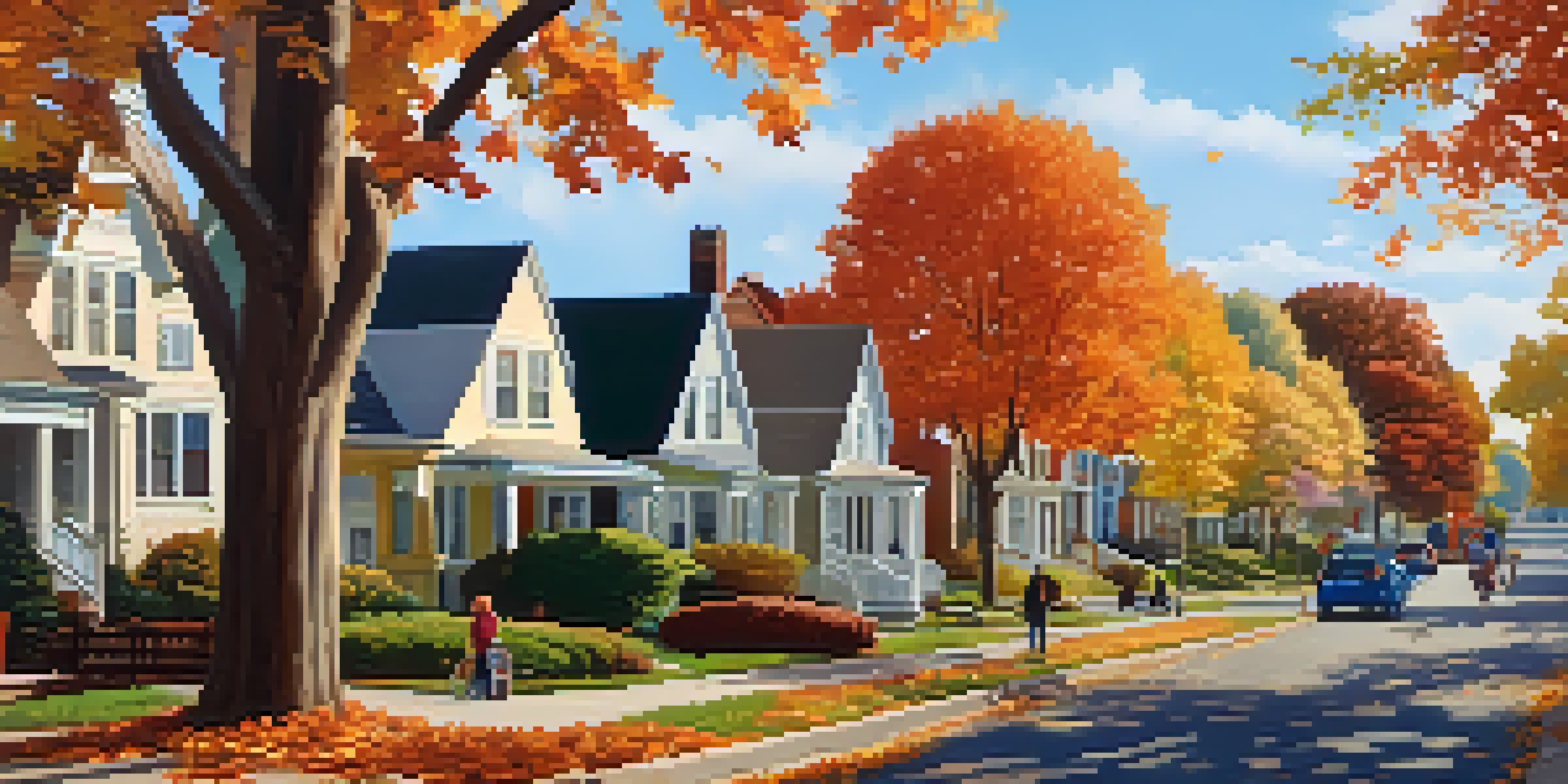 A peaceful neighborhood with diverse houses surrounded by autumn trees, children playing in a park under a clear blue sky.