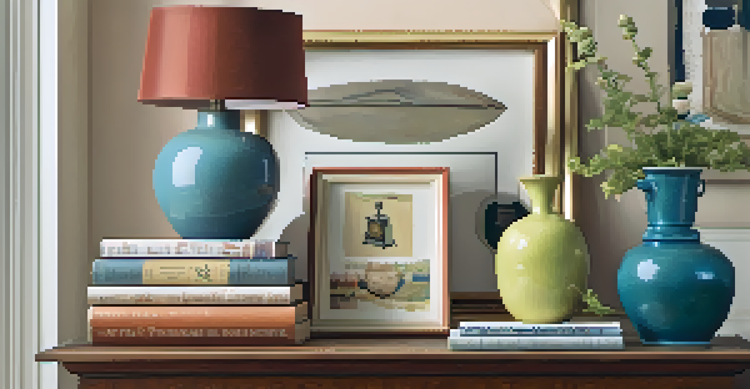 An artistic corner showcasing eclectic accessories like a vintage clock and colorful vases on a shelf, beautifully lit to enhance textures.