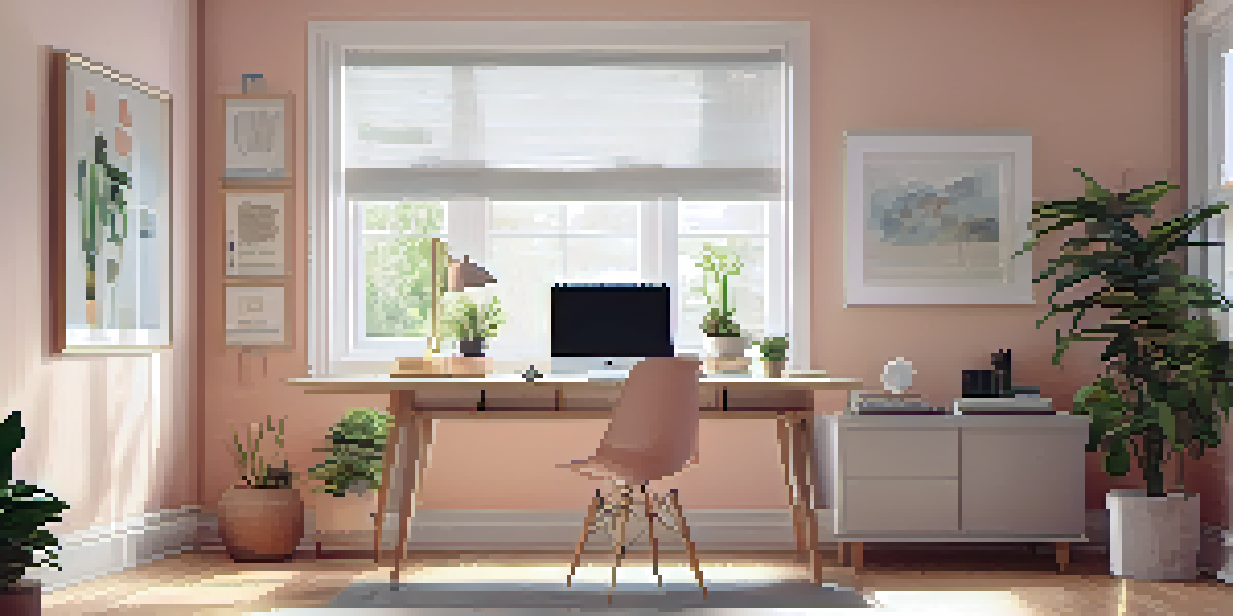 A well-arranged home office with an ergonomic desk, chair, laptop, and a small plant, illuminated by natural light from a window.
