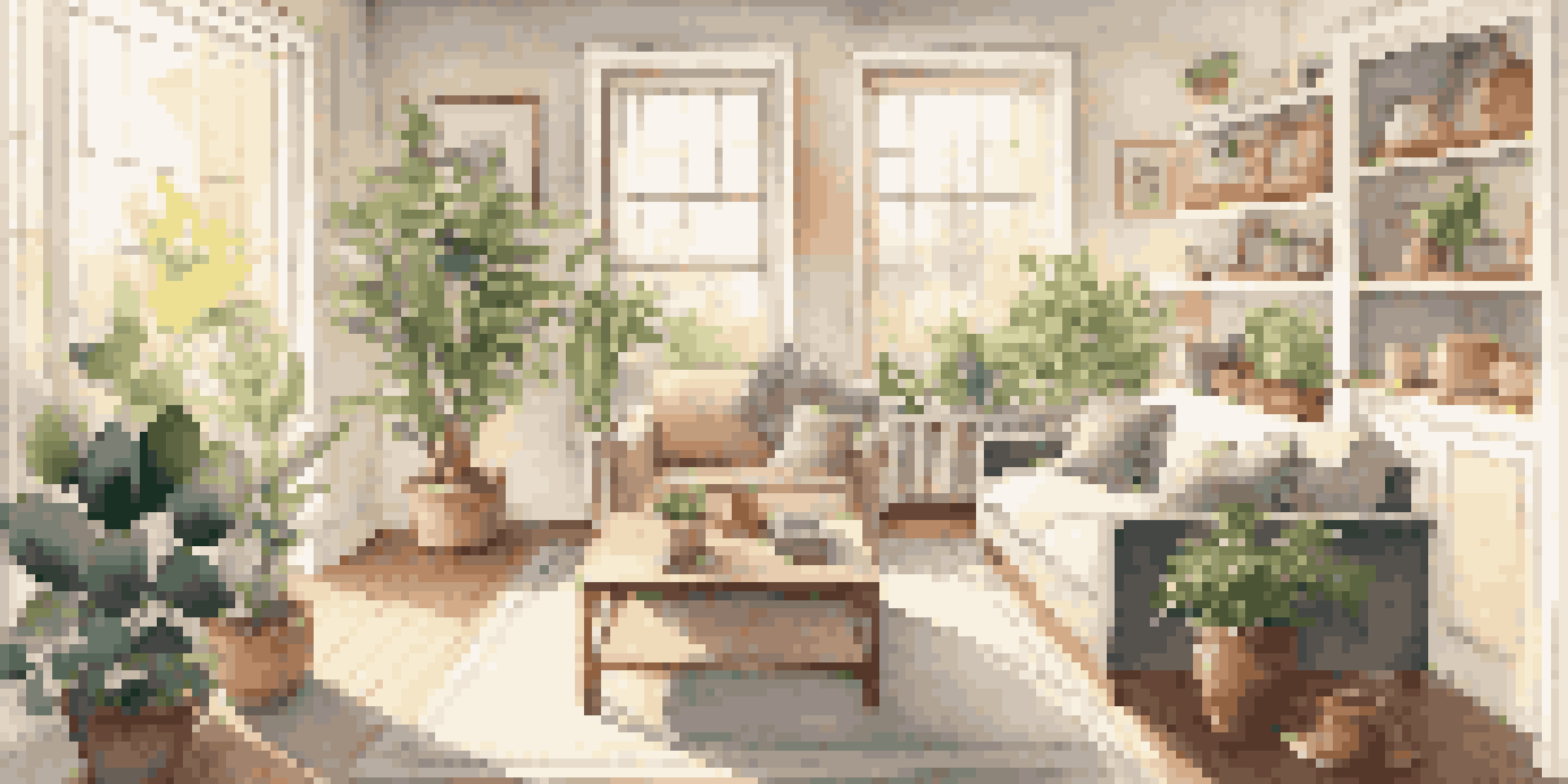 A bright and tidy living room with sunlight pouring in, featuring clean furniture and a small plant, creating a welcoming atmosphere.