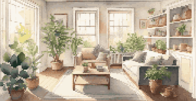 A bright and tidy living room with sunlight pouring in, featuring clean furniture and a small plant, creating a welcoming atmosphere.