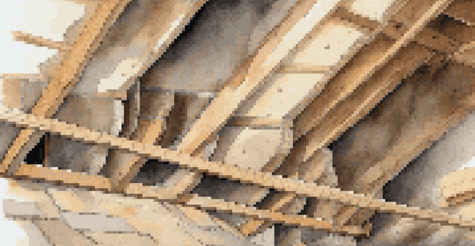 Close-up of insulation material in an attic, displaying texture and gaps against wooden rafters.