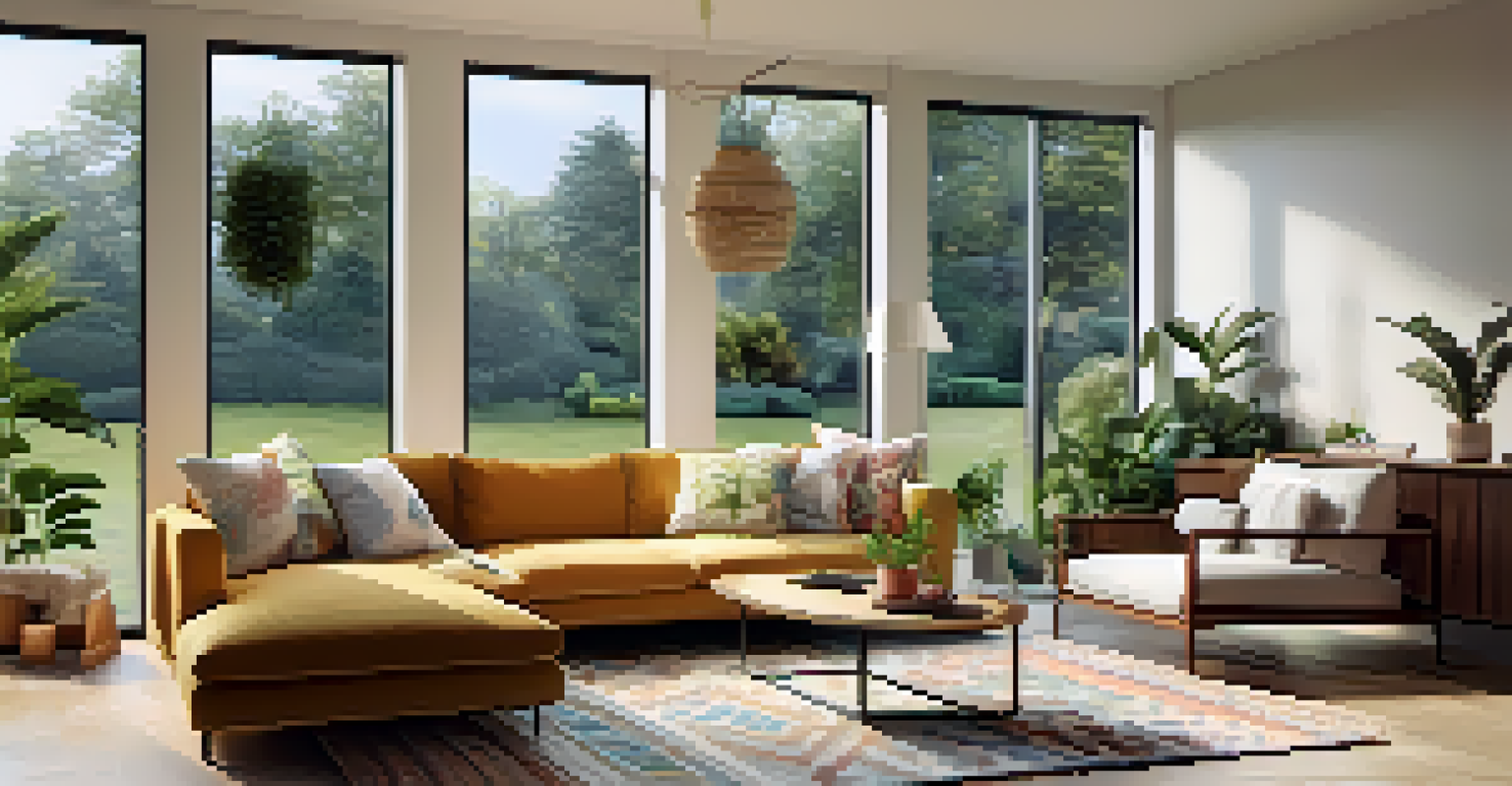 A warm and inviting living room with a sofa, home-buying materials, and a view of a lush garden through a large window.