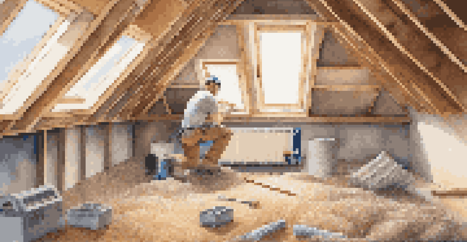 Technician installing energy-efficient insulation in an attic, surrounded by tools and materials, with natural light coming through a window.